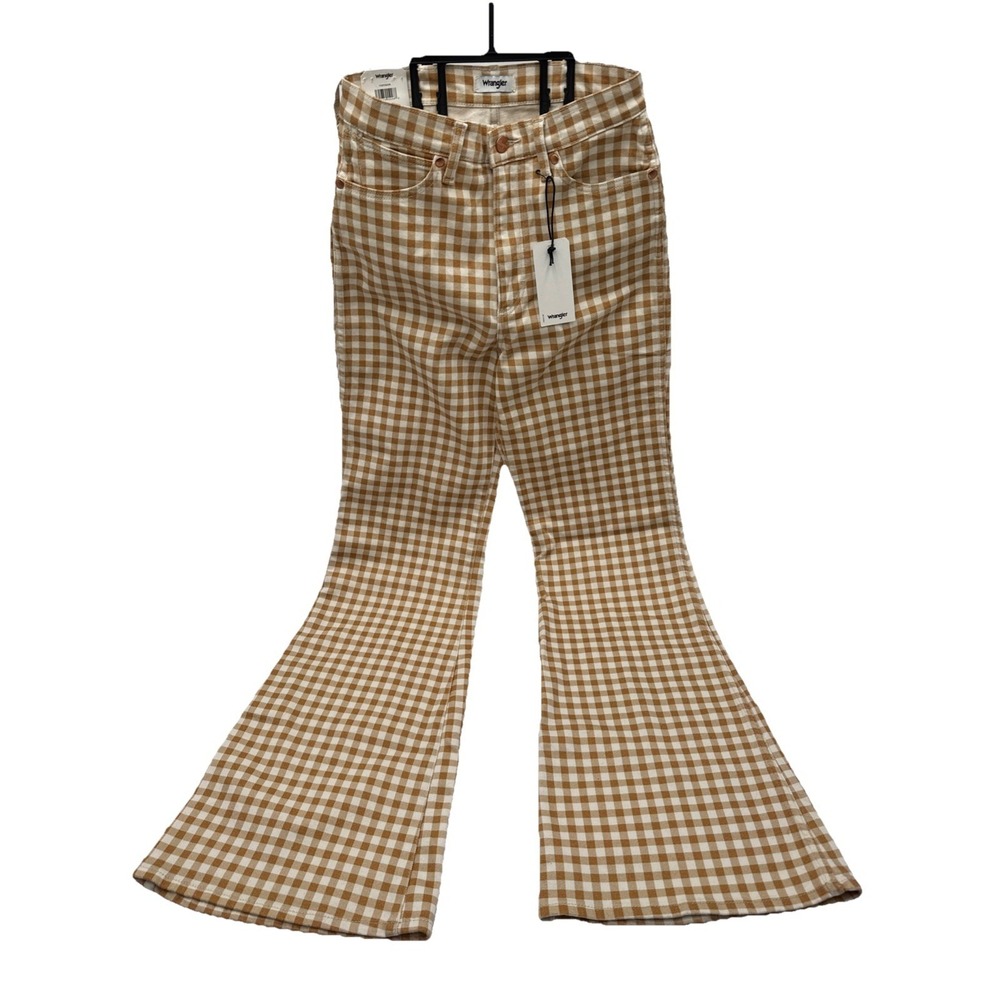 NWT Wrangler Wanderer 622 Jeans 28x32 High Rise Flare Gingham Check Harvest Gold
